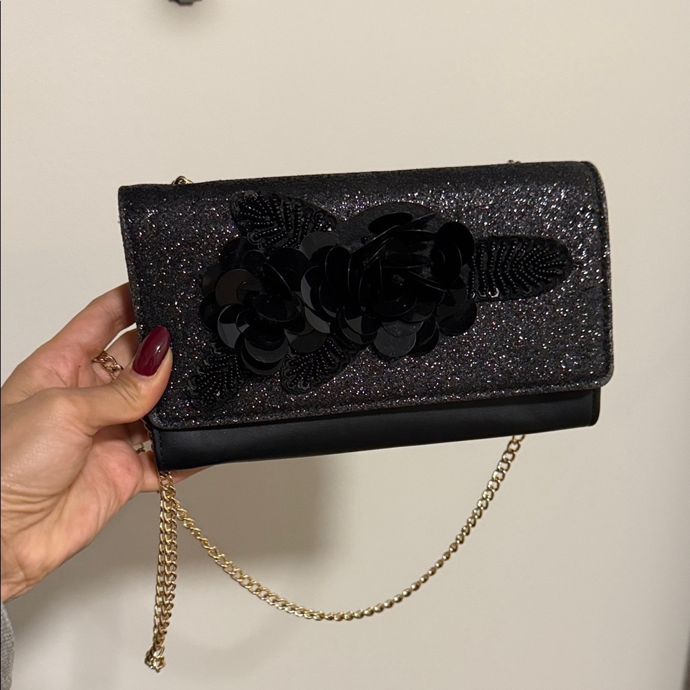 Aldo Black Glitter Clutch with Floral Detail